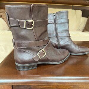 ALFANI, Brown leather upper boots. Size 10M  Buckle accents, Side Zip.